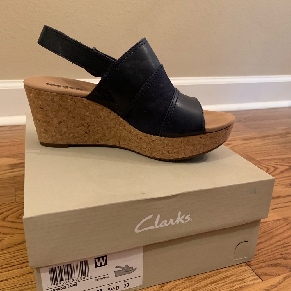Navy blue leather wedge sandal